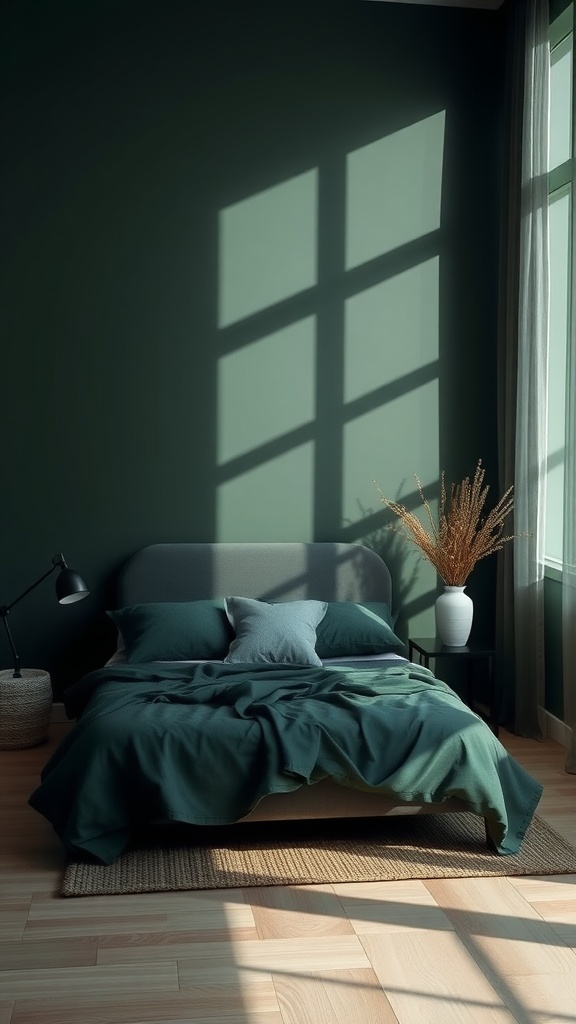 A dark green bedroom with a bed, pillows, and a plant, showcasing calming decor.