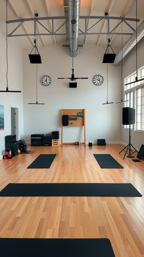 A spacious home gym studio with yoga mats, wooden floors, and modern lighting.