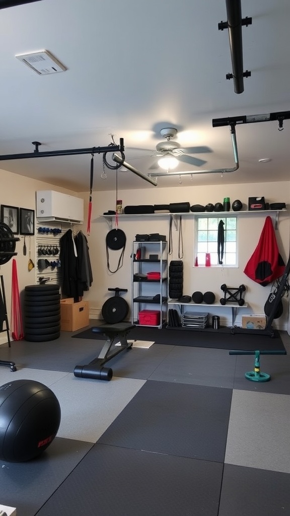 A garage space organized for a gym with weights, storage boxes, and workout equipment.