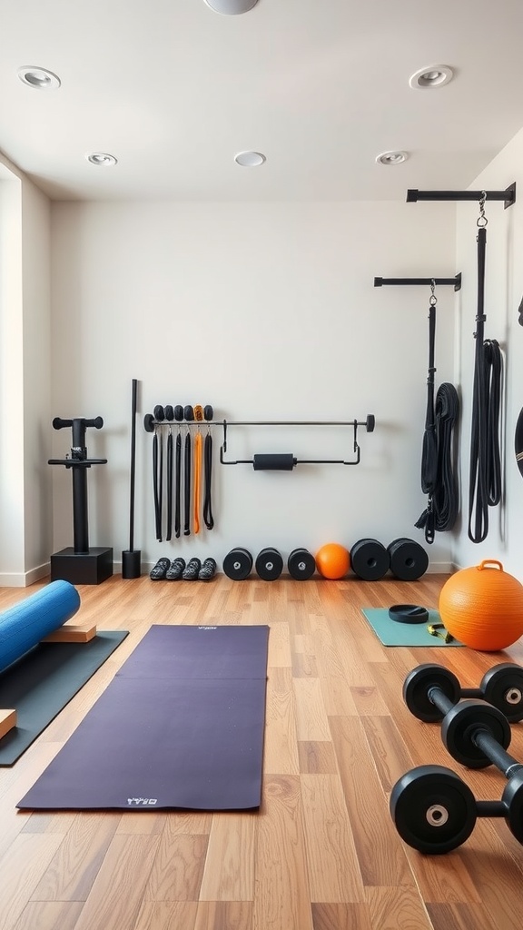 A well-organized home gym with workout mats, weights, and various fitness accessories.