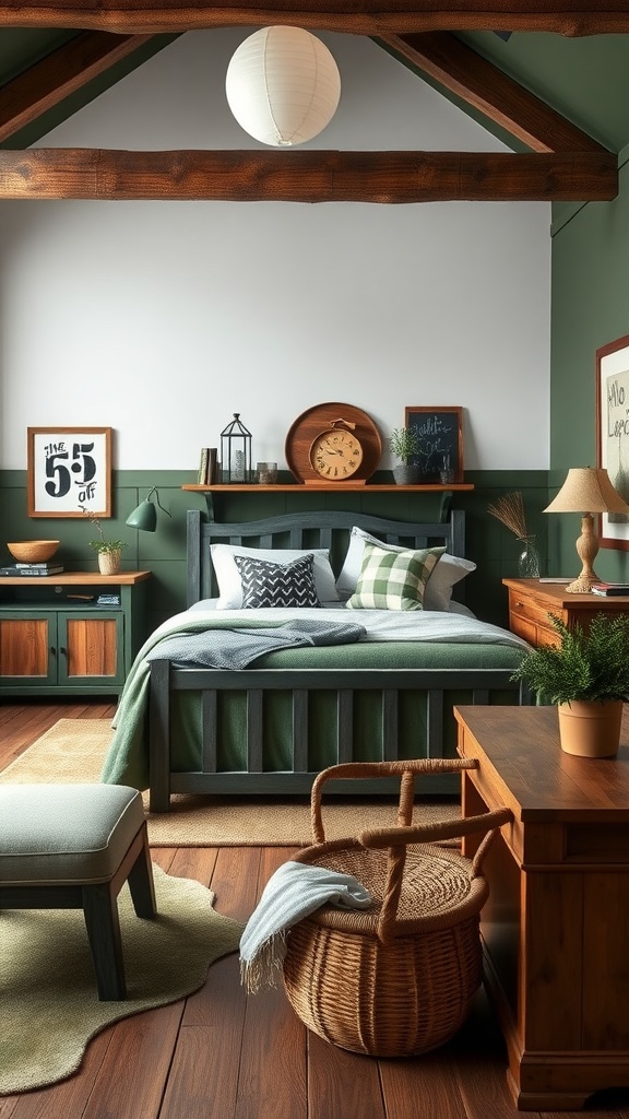 A rustic bedroom featuring dark green accents, wooden beams, and cozy furnishings.