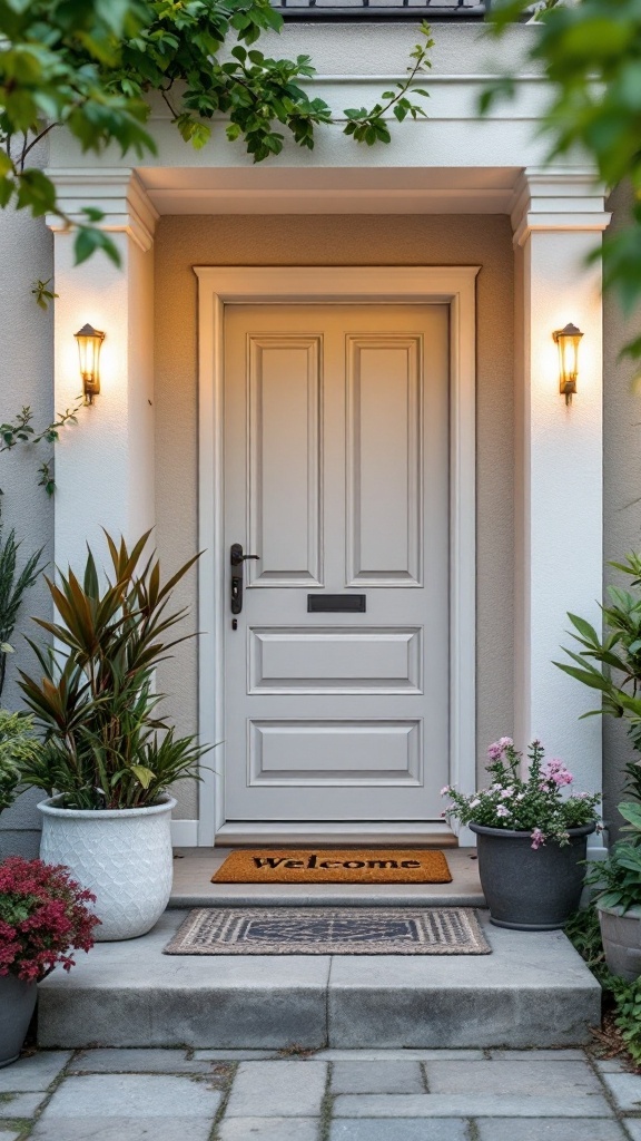 A beautiful entryway with a welcoming door, potted plants, and soft lighting