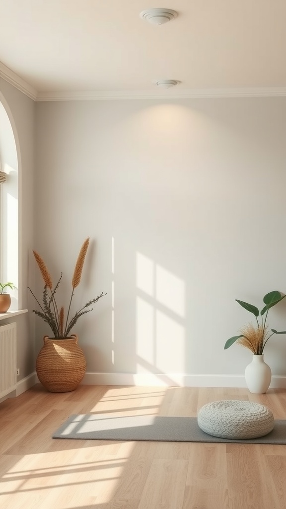 A serene home gym layout with a yoga mat, plants, and natural light.