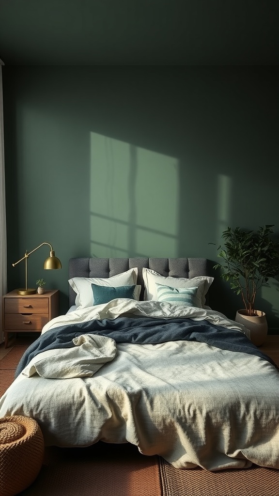 A cozy dark green bedroom featuring a comfortable bed, soft bedding, and a touch of greenery.