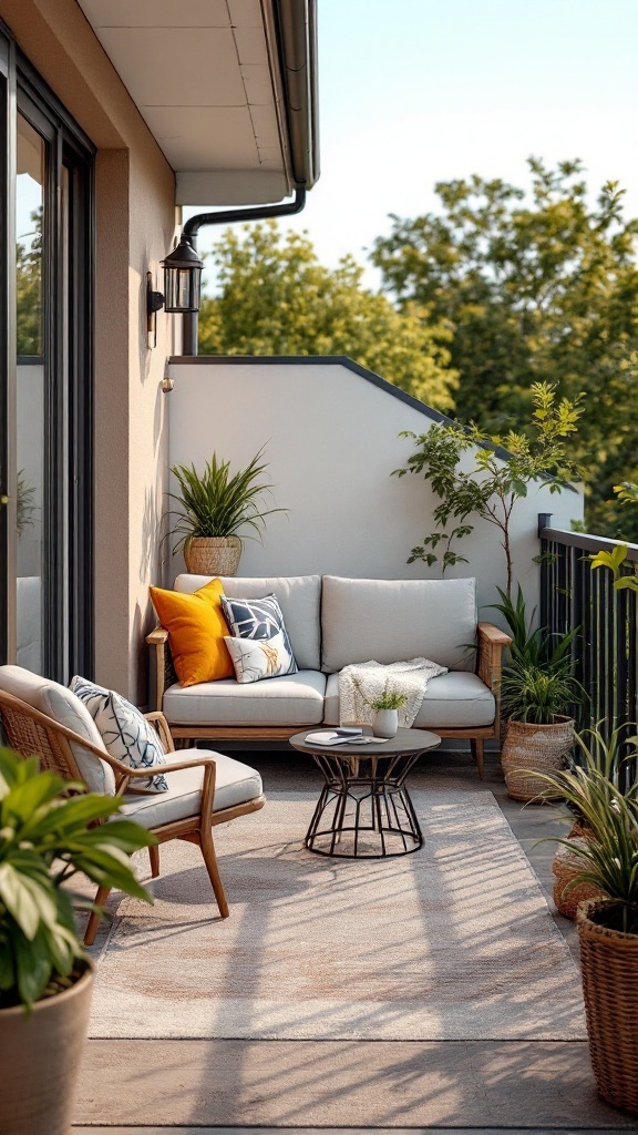 Cozy balcony setup with outdoor furniture and a rug