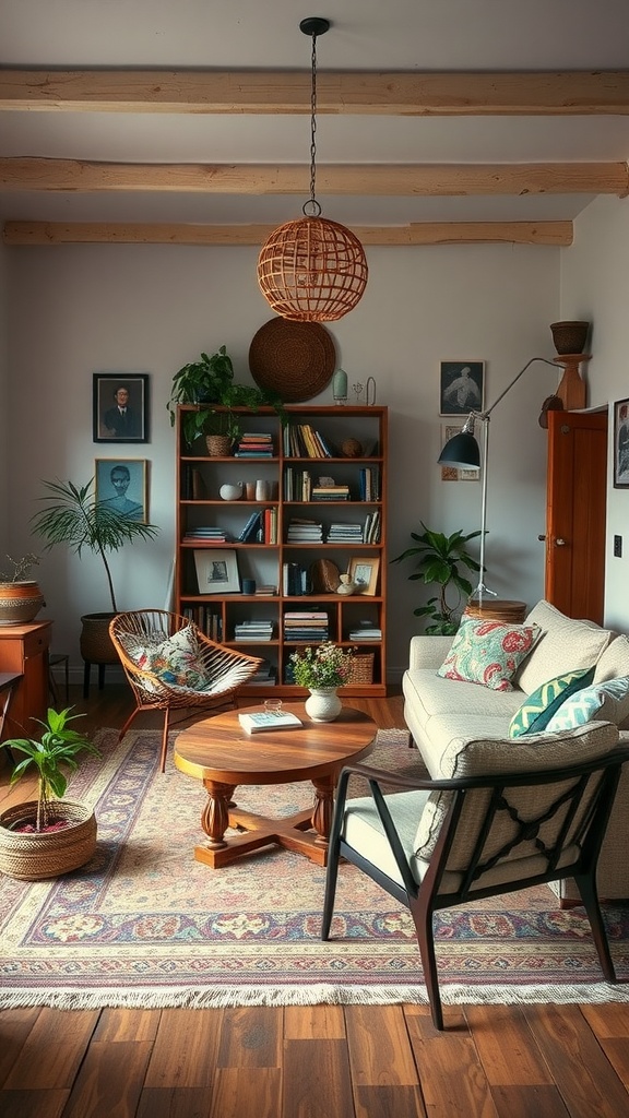 A vintage boho living room featuring plants, bookshelves, and cozy furniture.