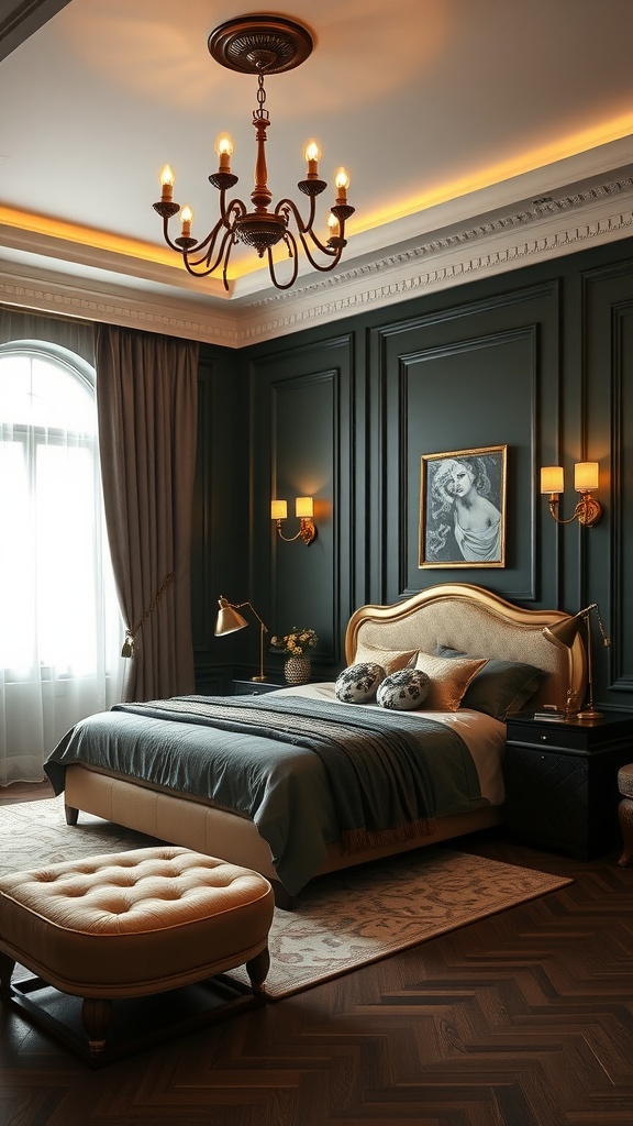 A luxurious dark green bedroom with gold accents, featuring a stylish chandelier, elegant bed, and rich wooden flooring.