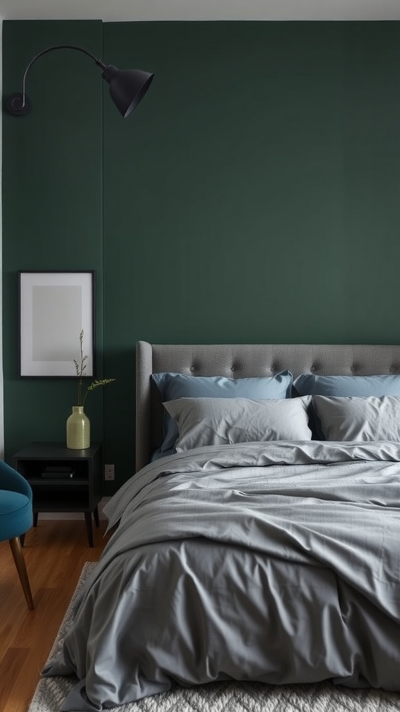 A modern bedroom featuring dark green walls and gray bedding.