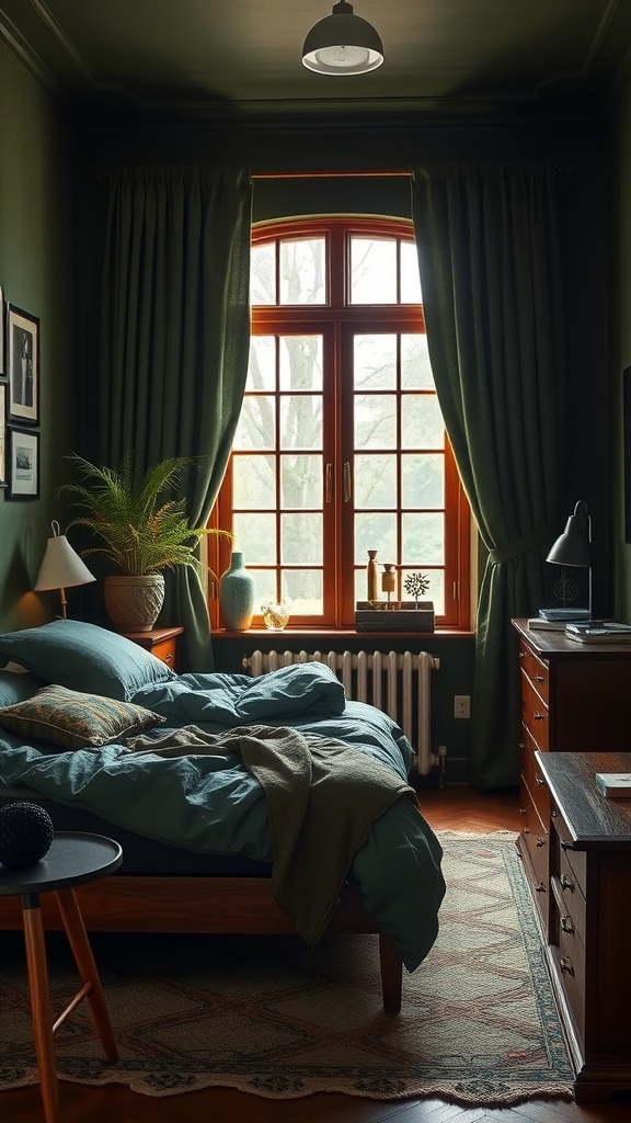 A cozy dark green bedroom with wooden furniture and soft textiles.