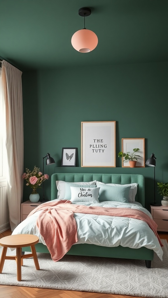 A cozy bedroom featuring dark green walls and soft pastel accents in decor.