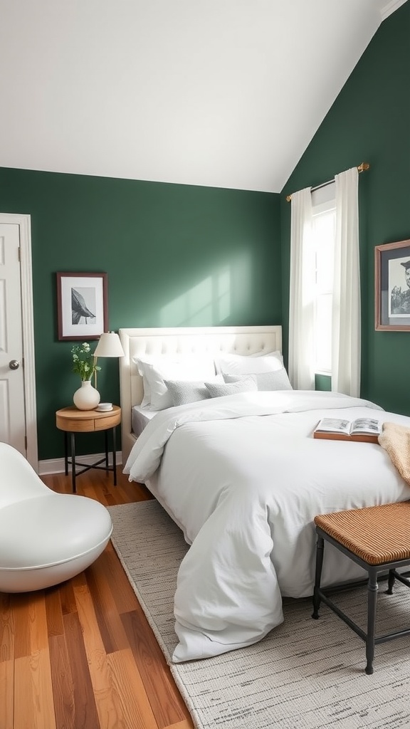 A stylish dark green bedroom with white bedding and decor.