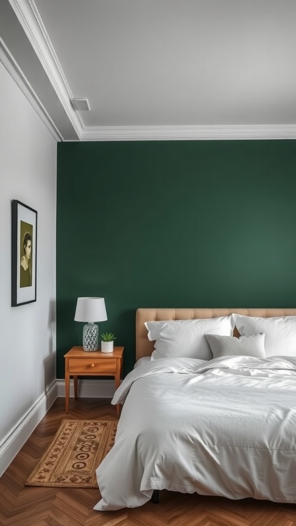 A stylish bedroom with a dark green feature wall, light bedding, and wooden furniture.