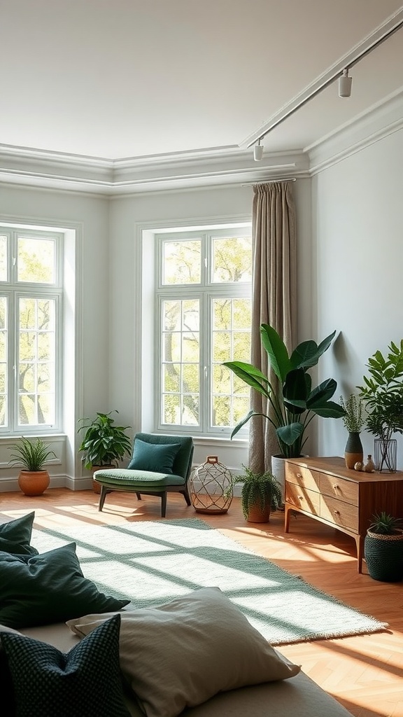 A bright dark green bedroom featuring large windows, plants, and cozy furniture.