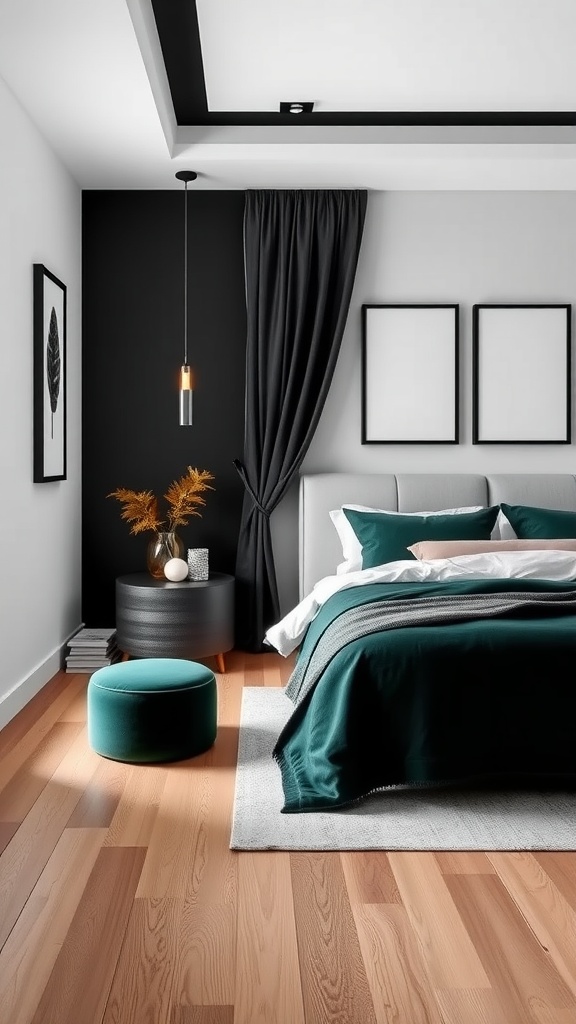 A modern minimalist bedroom featuring dark green bedding and decor.