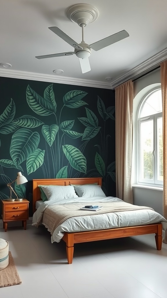 A cozy bedroom featuring a dark green mural with large leaves, complementing light wooden furniture and soft textiles.