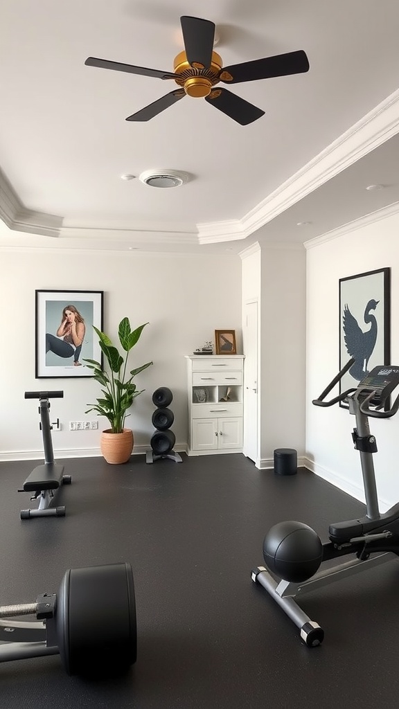 A stylish home gym featuring exercise equipment, a plant, and artwork on the walls.