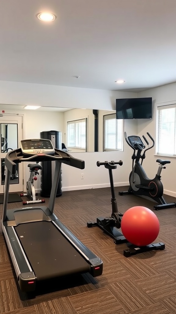 A home gym layout featuring a treadmill, stationary bike, and exercise ball