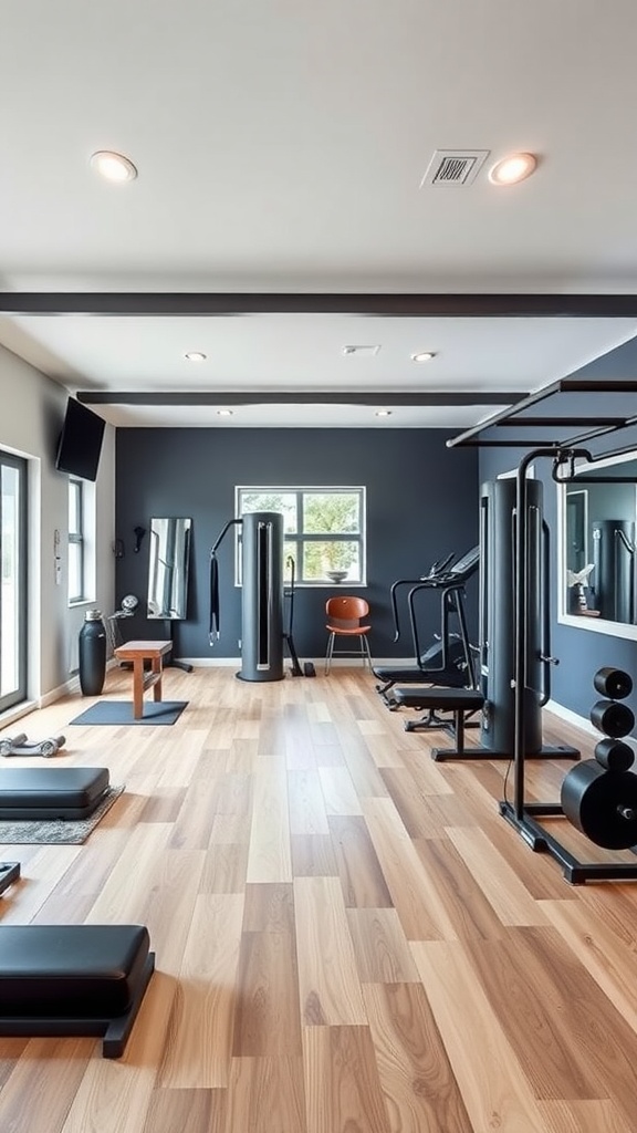 A spacious home gym layout with exercise equipment and large windows for natural light.