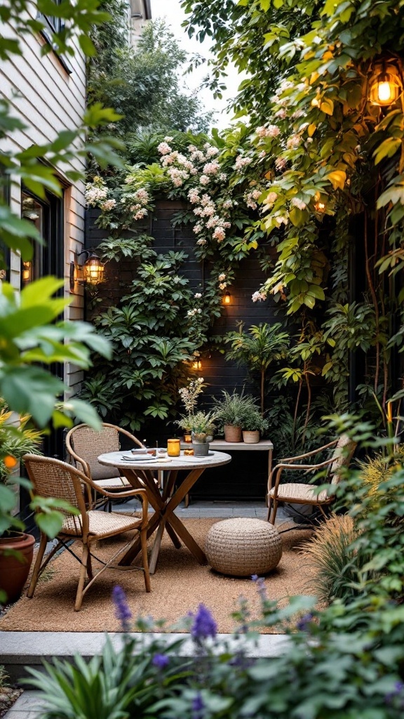 A small outdoor space with a table, chairs, and greenery.