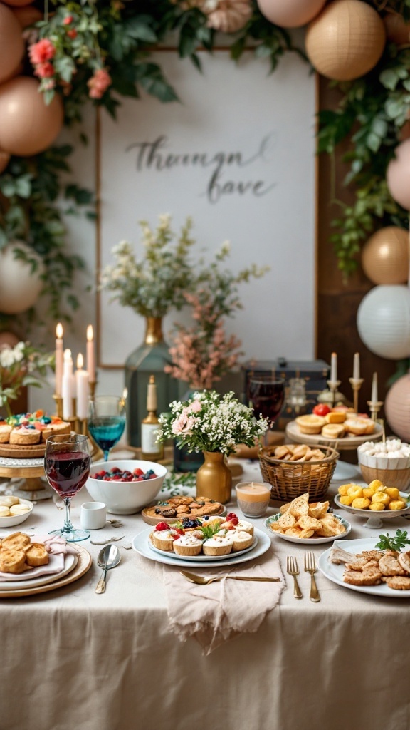 A beautifully arranged table with a world map backdrop, featuring pastries, fruits, and decorative elements inspired by famous landmarks.