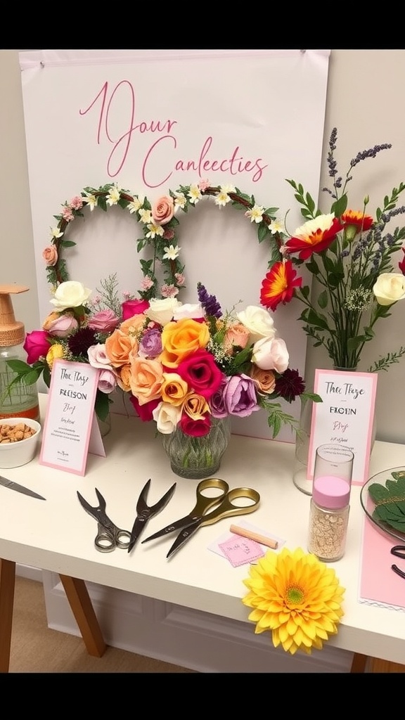 A beautifully arranged DIY flower crown station with colorful flowers, crafting materials, and a sign.