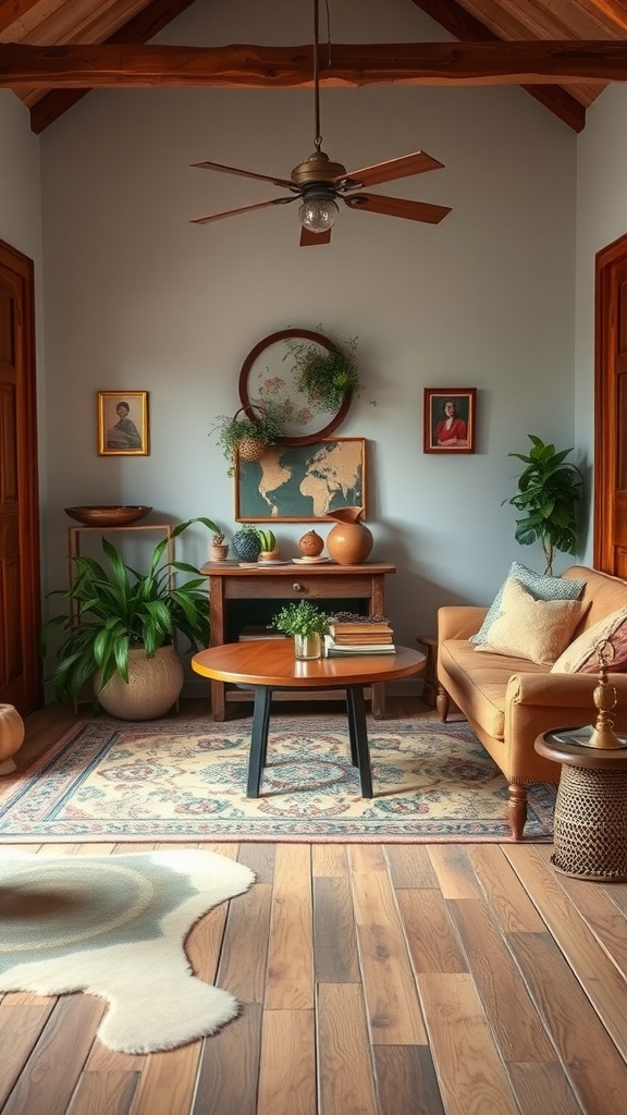 A vintage boho living room featuring earthy color schemes with plants, wooden furniture, and natural textures.