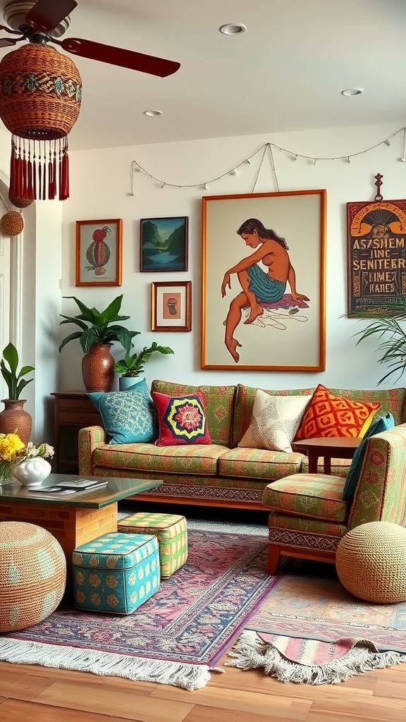 A vintage boho living room featuring a colorful sofa, patterned pillows, and vibrant artwork.