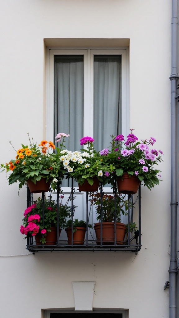 Colorful flower pots arranged on a balcony railing.