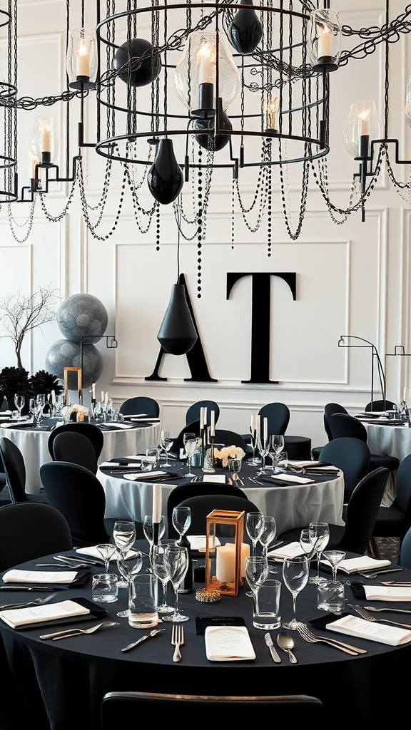 Elegant black and white bridal shower setup with beautifully arranged tables and elegant decor.