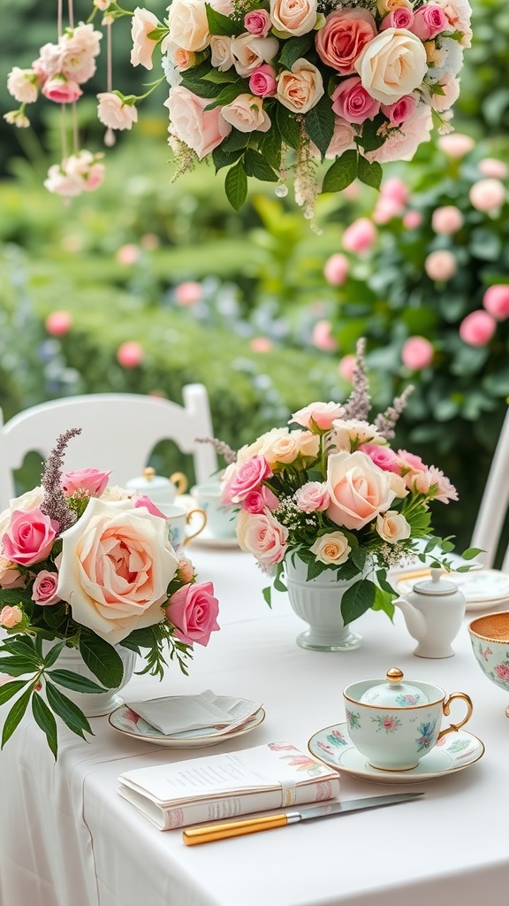 Elegant garden tea party setup with floral arrangements and tea set