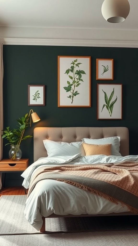 A dark green bedroom featuring botanical art on the wall, a cozy bed, and warm lighting.