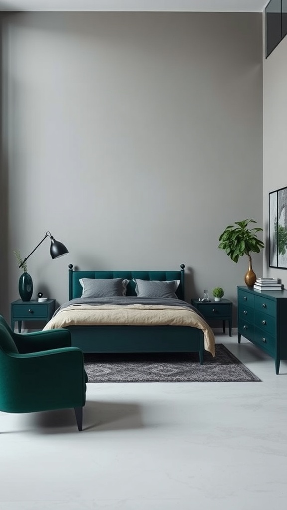 A stylish bedroom featuring dark green furniture including a bed, armchair, and nightstands against a neutral wall.