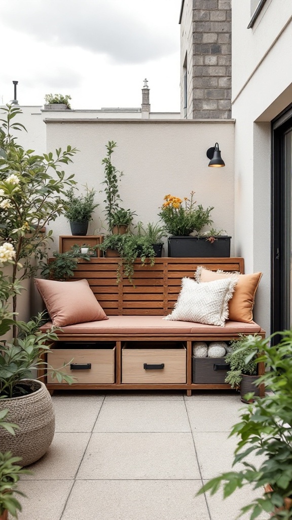 Cozy outdoor seating with storage and plants