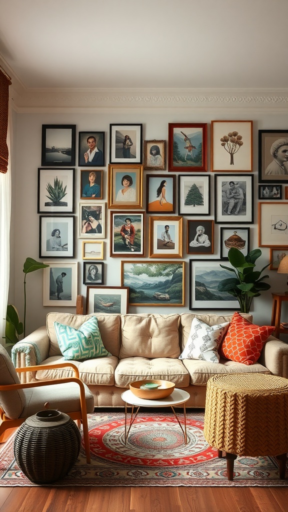 A cozy vintage boho living room with a gallery wall featuring various framed pictures and art.