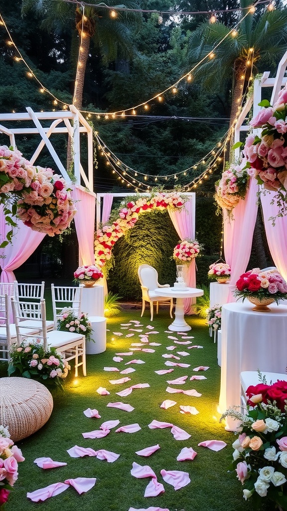 A beautifully decorated garden party setup for a bridal shower with flowers and lights.