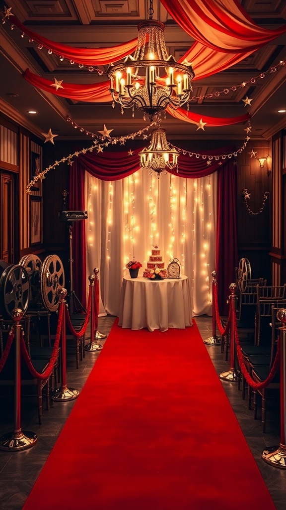 A beautifully decorated venue for a Glamorous Hollywood-themed bridal shower, featuring red carpet, chandeliers, and twinkling lights.