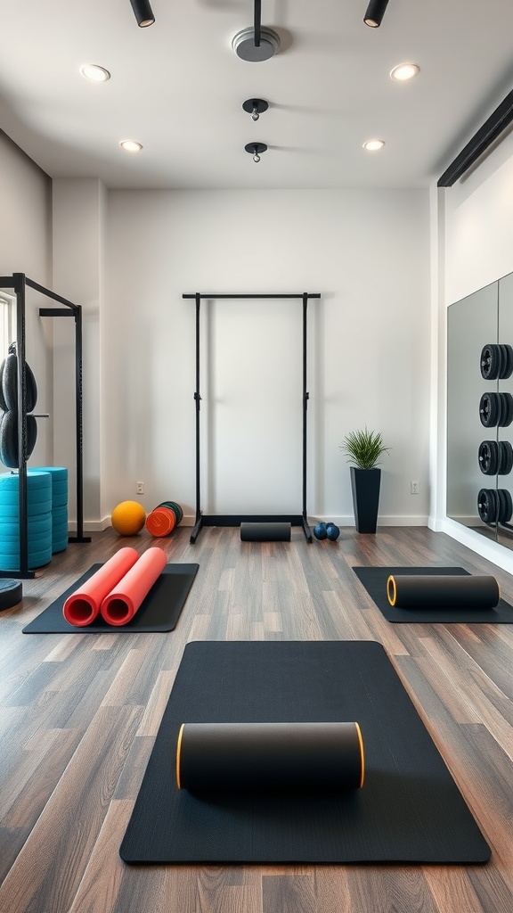 A home gym featuring a recovery zone with mats, foam rollers, and fitness equipment.