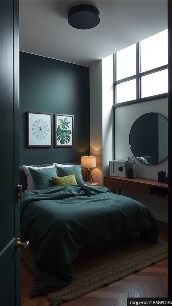 A small bedroom featuring dark green walls, a bed with green bedding, and light decor elements.