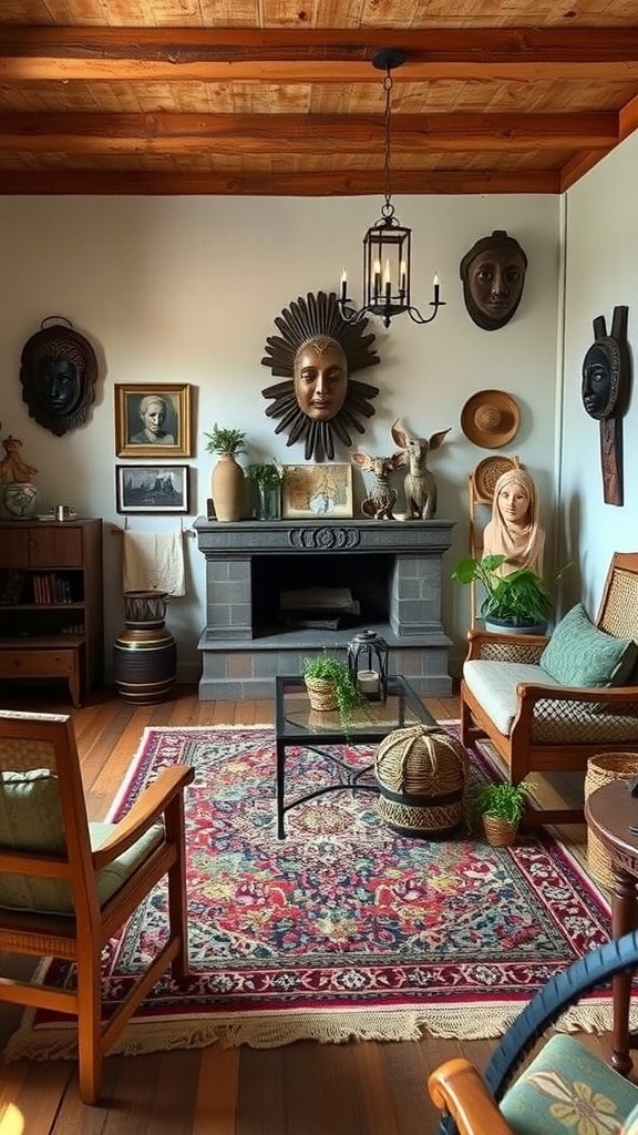 Vintage boho living room with global decor elements like masks and pottery.