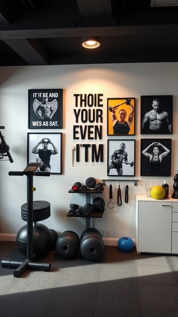 A home gym with inspirational decor, featuring motivational posters and an organized workout area.