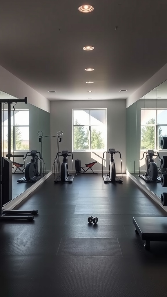 A home gym with mirrors reflecting workout equipment and a bright window.