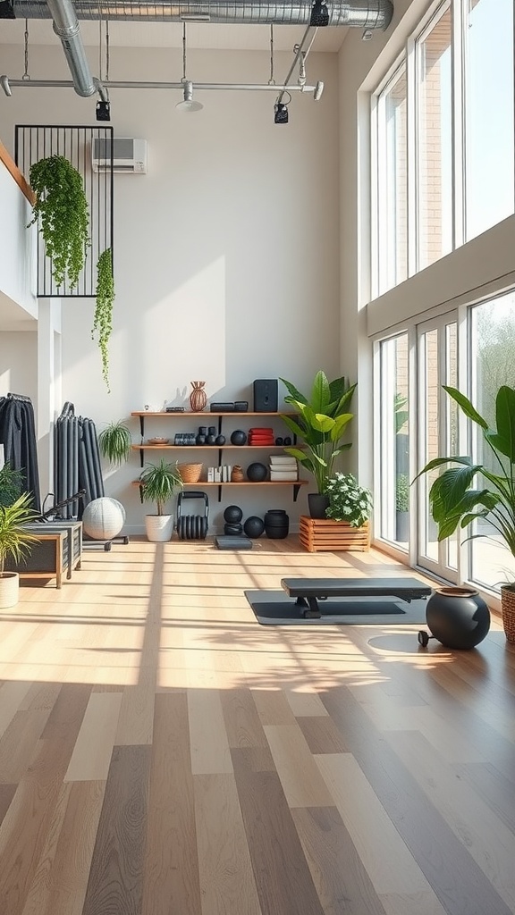 Bright home gym with large windows, wooden flooring, and plants