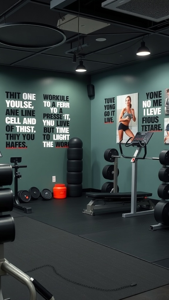 A home gym featuring motivational quotes on the walls and workout equipment.