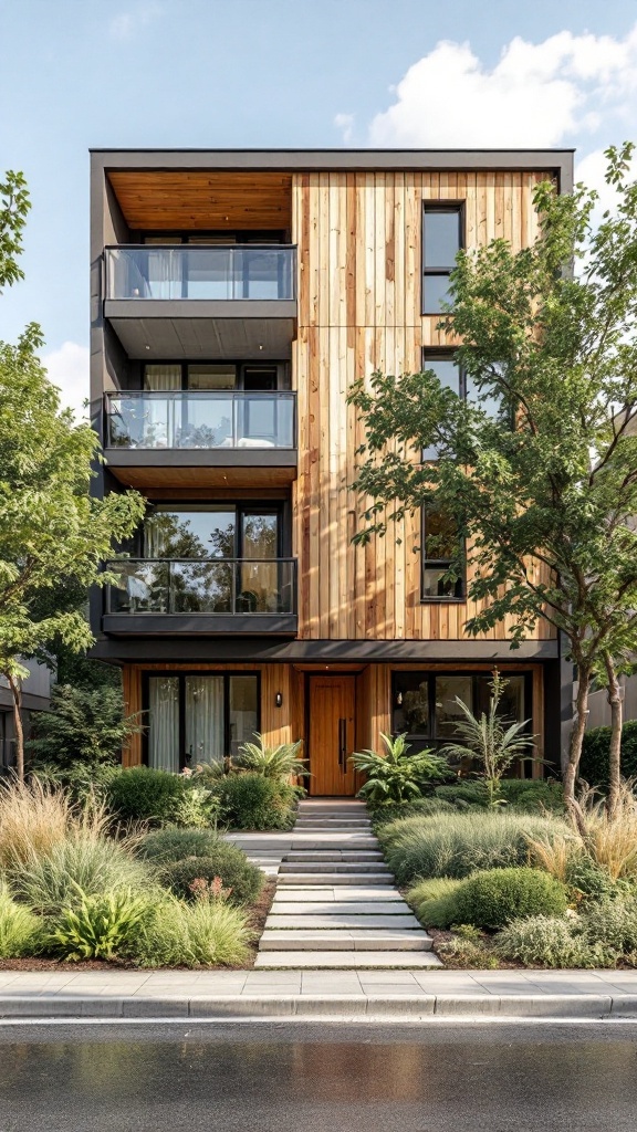 Exterior of a modern apartment building featuring wooden accents and lush landscaping.