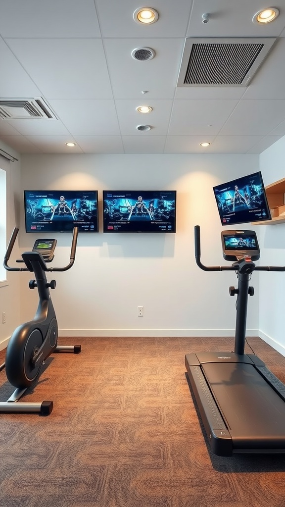 Home gym with exercise equipment and multiple screens