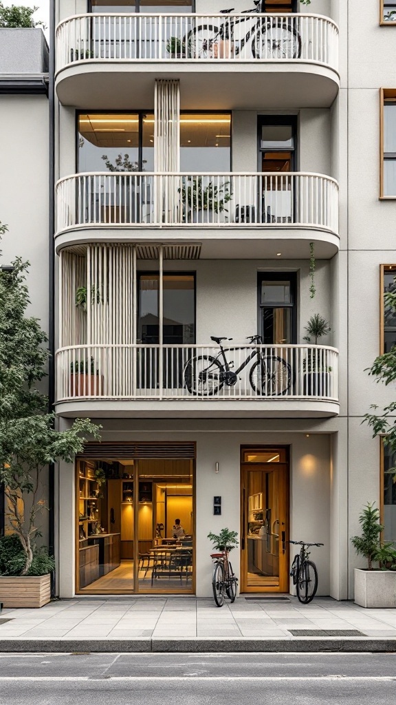 Exterior of a modern small apartment with integrated storage solutions