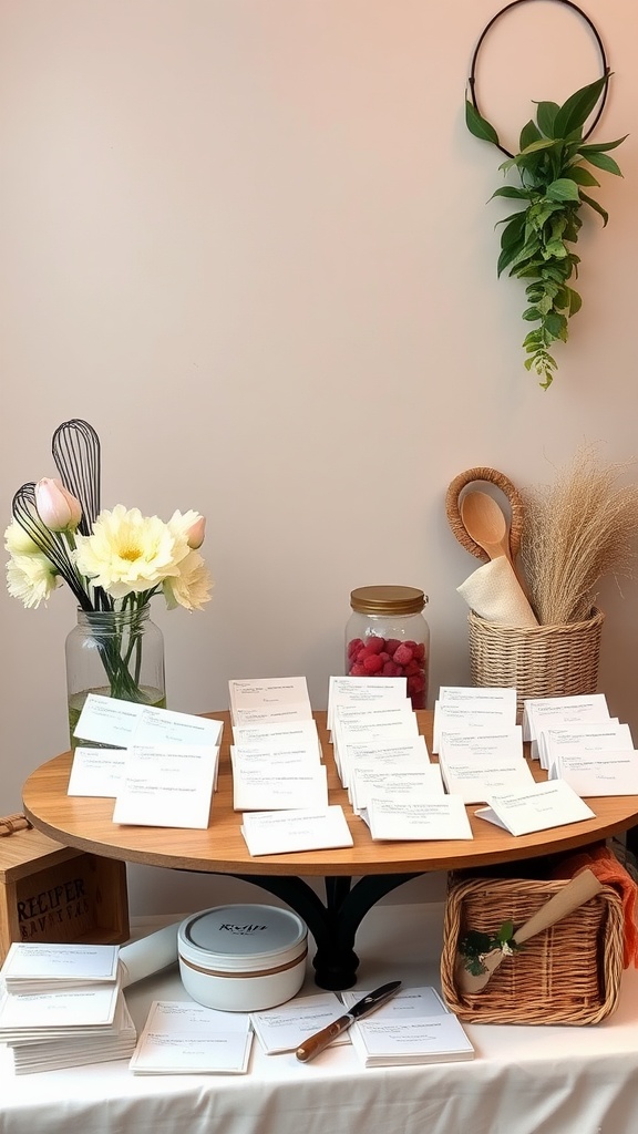 A table setup for a recipe card exchange at a bridal shower, featuring cards, flowers, and decorative items.