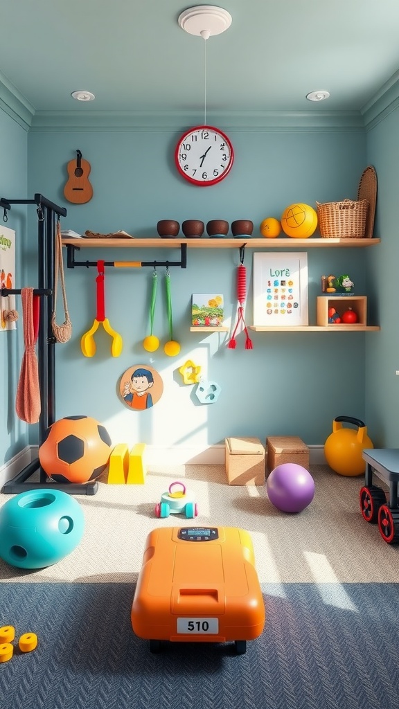 Home gym with colorful equipment for kids