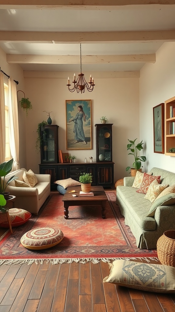 A vintage boho living room with layered seating options including a sofa, cushions, and a rug.