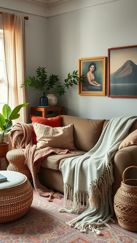 Cozy vintage boho living room with layered textures including a sofa with blankets and various pillows.